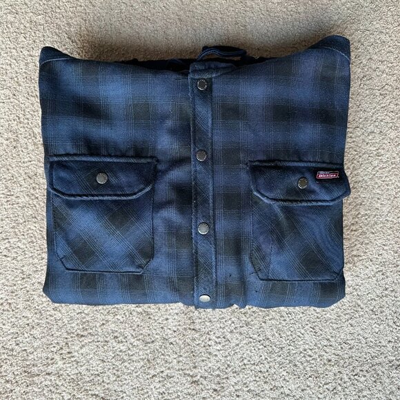 Dickies Jacket Mens XL Button Up Fleece Lined Blue Black Hood Pockets Workwear - Picture 12 of 12